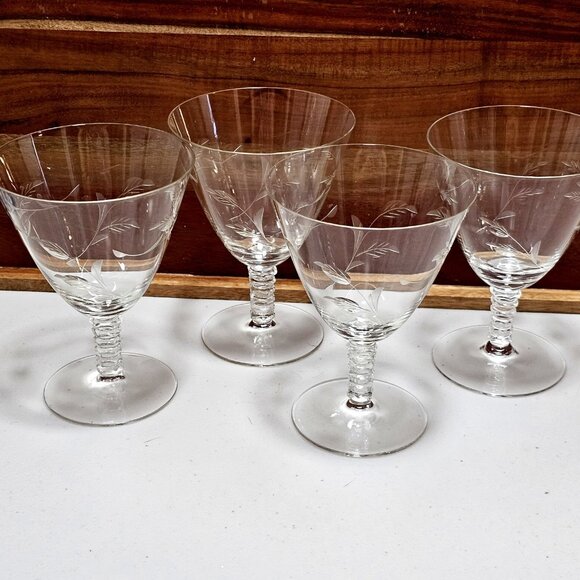 4 Etched Vines Leaves Water Glasses 5.5" ice tea stemware glass fine crystal Ele - Picture 9 of 11